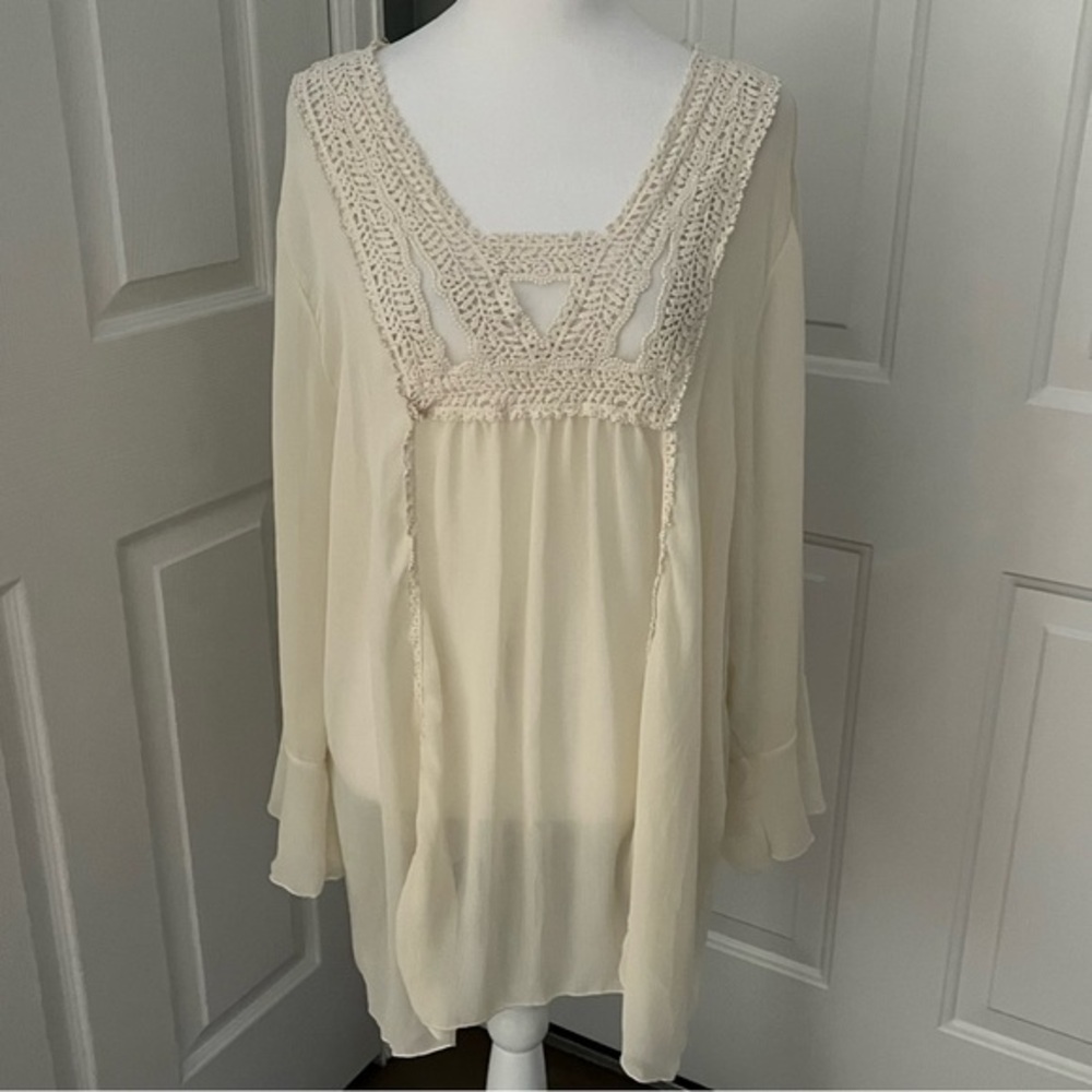 Cal Style USA 2XLSheer Bell Sleeve‎ Peasant Blouse Crochet Detail Unlined  Ivory